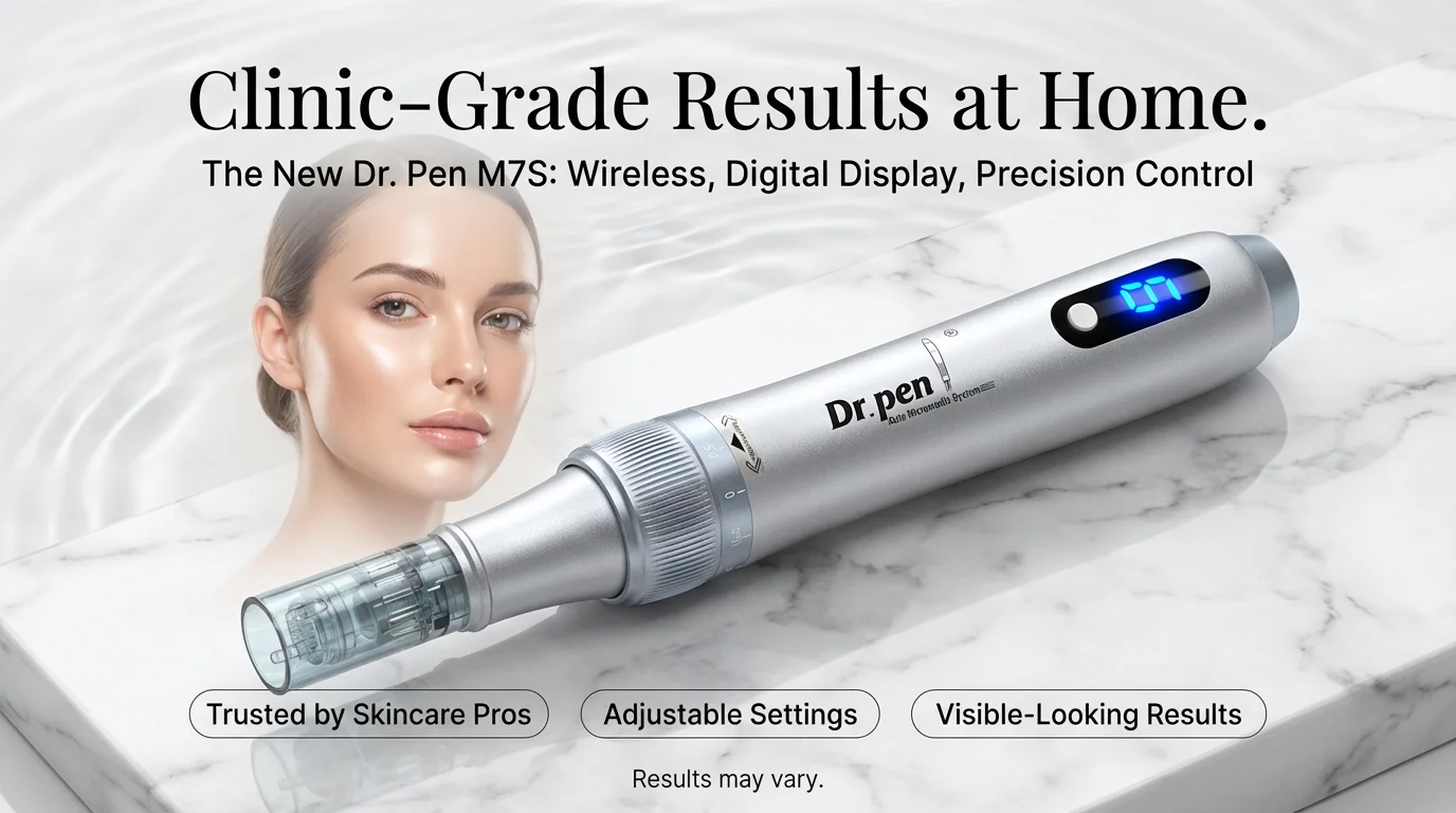 Matte black Dr. Pen M7S wireless microneedling device with blue LED screen and silver dial.