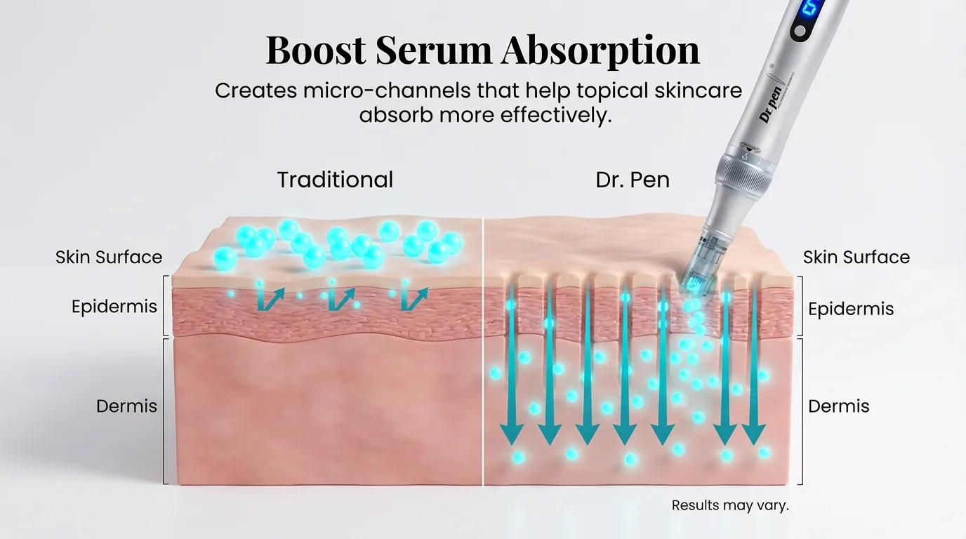Diagram showing enhanced serum absorption using Dr. Pen M7S technology.